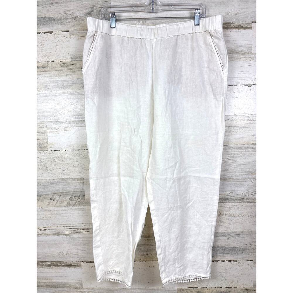 Talbots Womens 12 White Linen Fringe Hem Pocket Wide-Leg Ankle Lightweight Pants